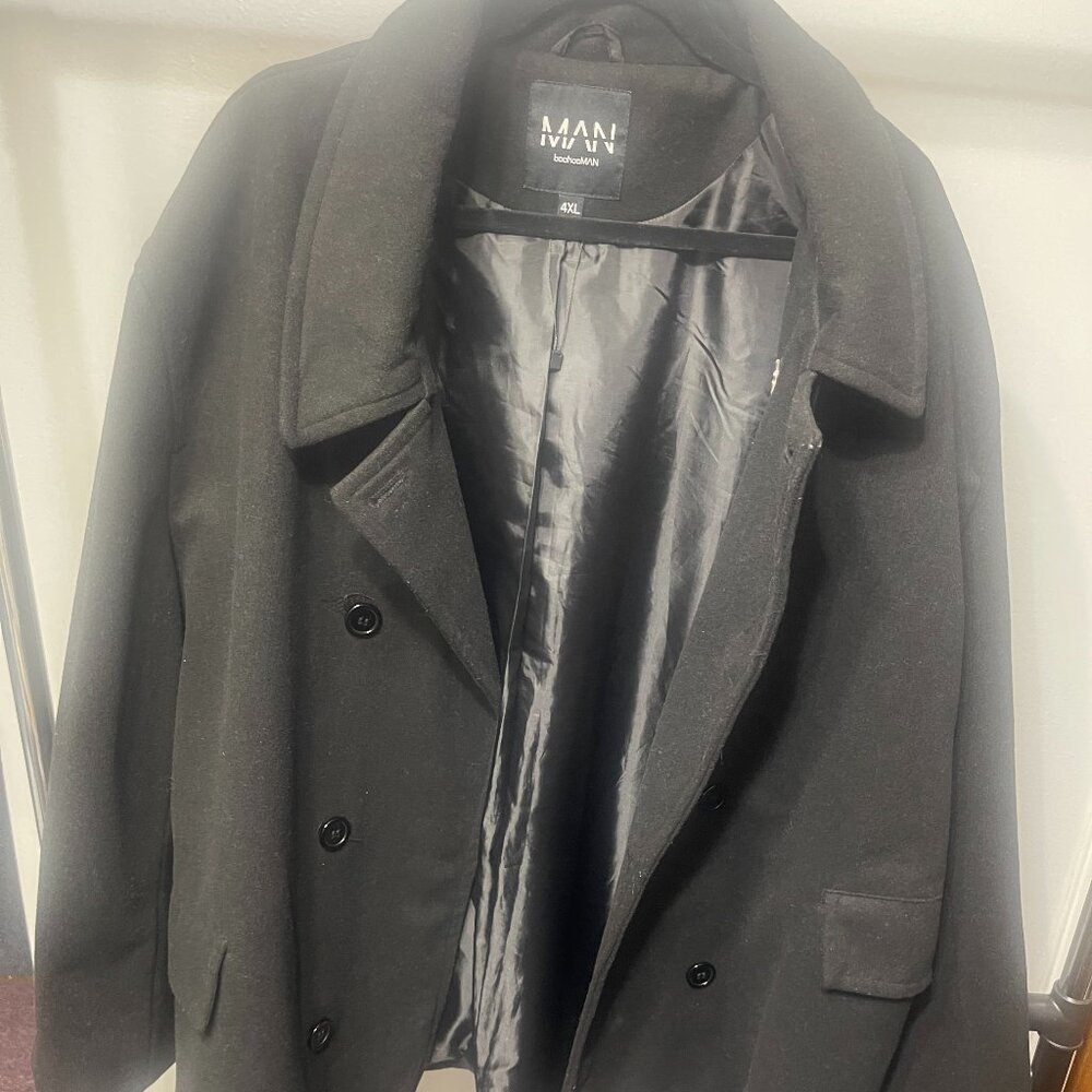 Men's BoohooMAN Peacoat-Style Black Jacket in size 4XL.